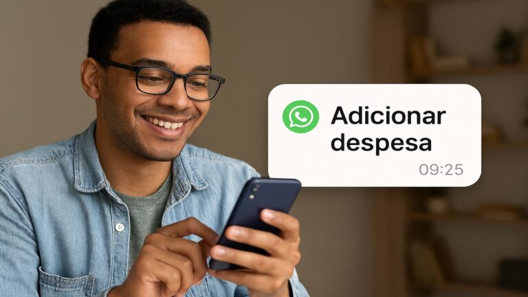 Notificação do WhatsApp com lembrete para adicionar despesa às 09:25, exibida em smartphone.